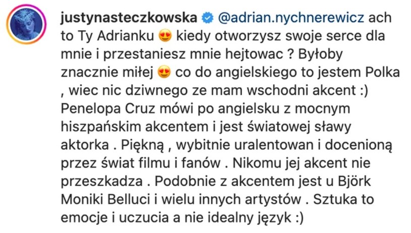 Komentarz Justyny Steczkowskiej /Instagram @justynasteczkowska /Instagram