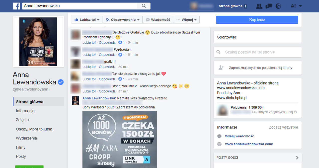 Komentarz opublikowany przez fałszywe konto na oficjalnym profilu Anny Lewandowskiej /materiały prasowe