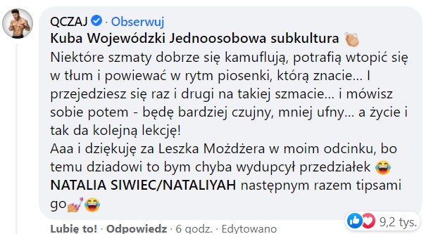 Komentarz Qczaja pod wpisem na Facebooku Kuby Wojewódzkiego! /Facebook