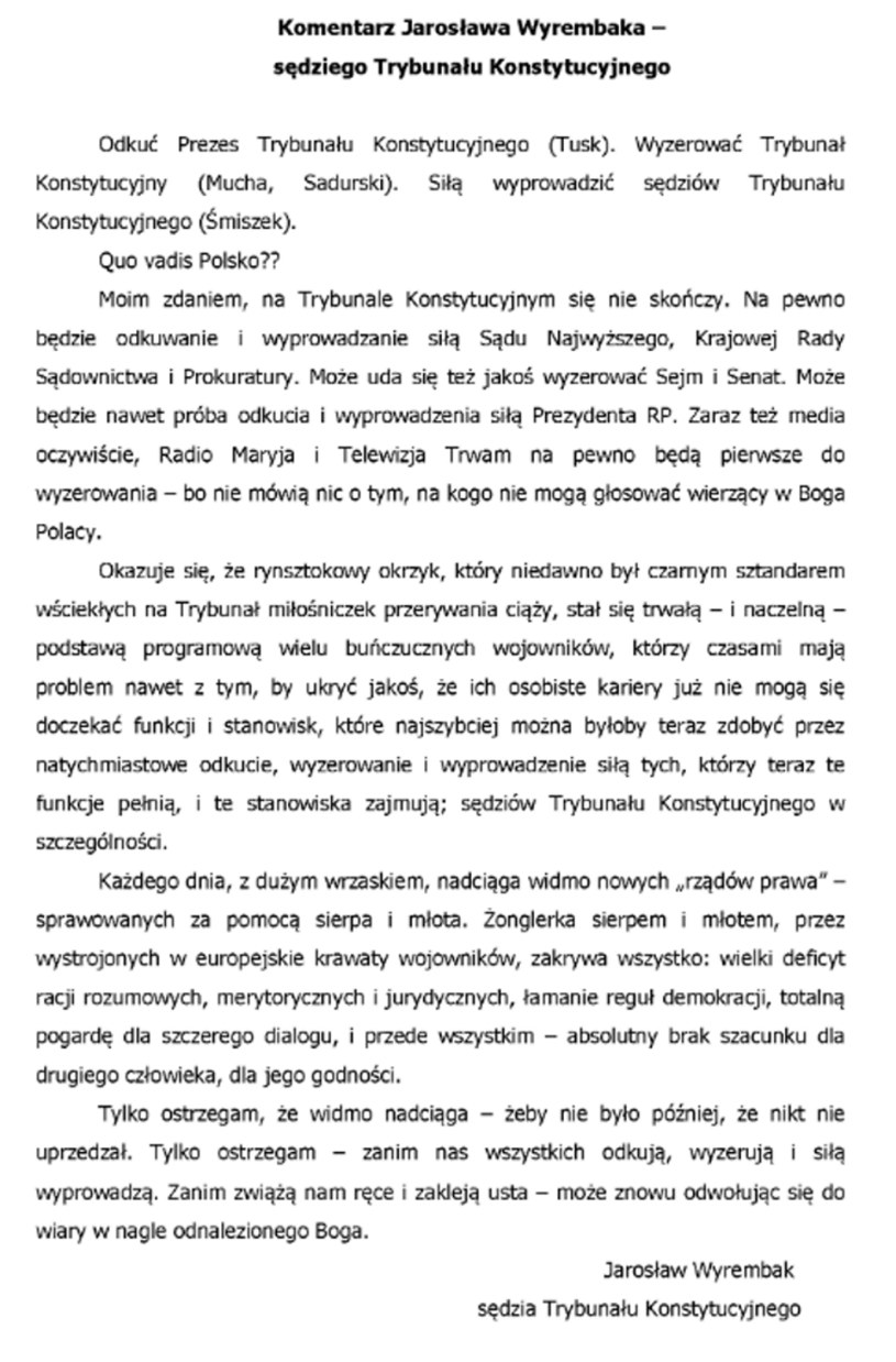 Komentarz sędziego Jarosława Wyrembaka /https://trybunal.gov.pl/ /INTERIA.PL