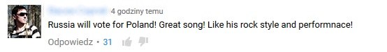 Komentarz w serwisie Youtube, pod wideo z zapisem występu Szpaka w półfinale Eurowizji /