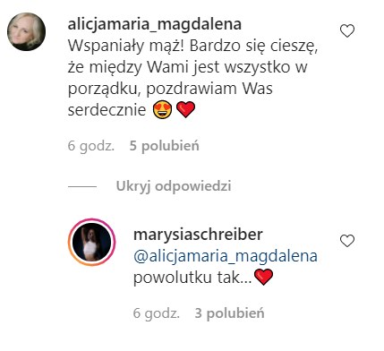 Komentarze pod postem Marianny Schreiber https://www.instagram.com/marysiaschreiber/ /Instagram
