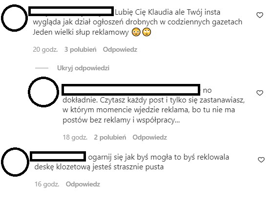 Komentarze pod wpisem Klaudii Halejcio na IG @klaudiahalejcio /Instagram