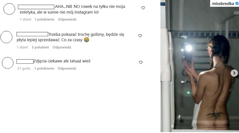 Komentarze pod zdjęciem na profilu Moniki Brodki @missbrodka/ /Instagram