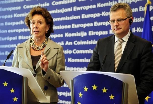 Komisarz Neelie Kroes i minister skarbu Aleksander Grad /AFP
