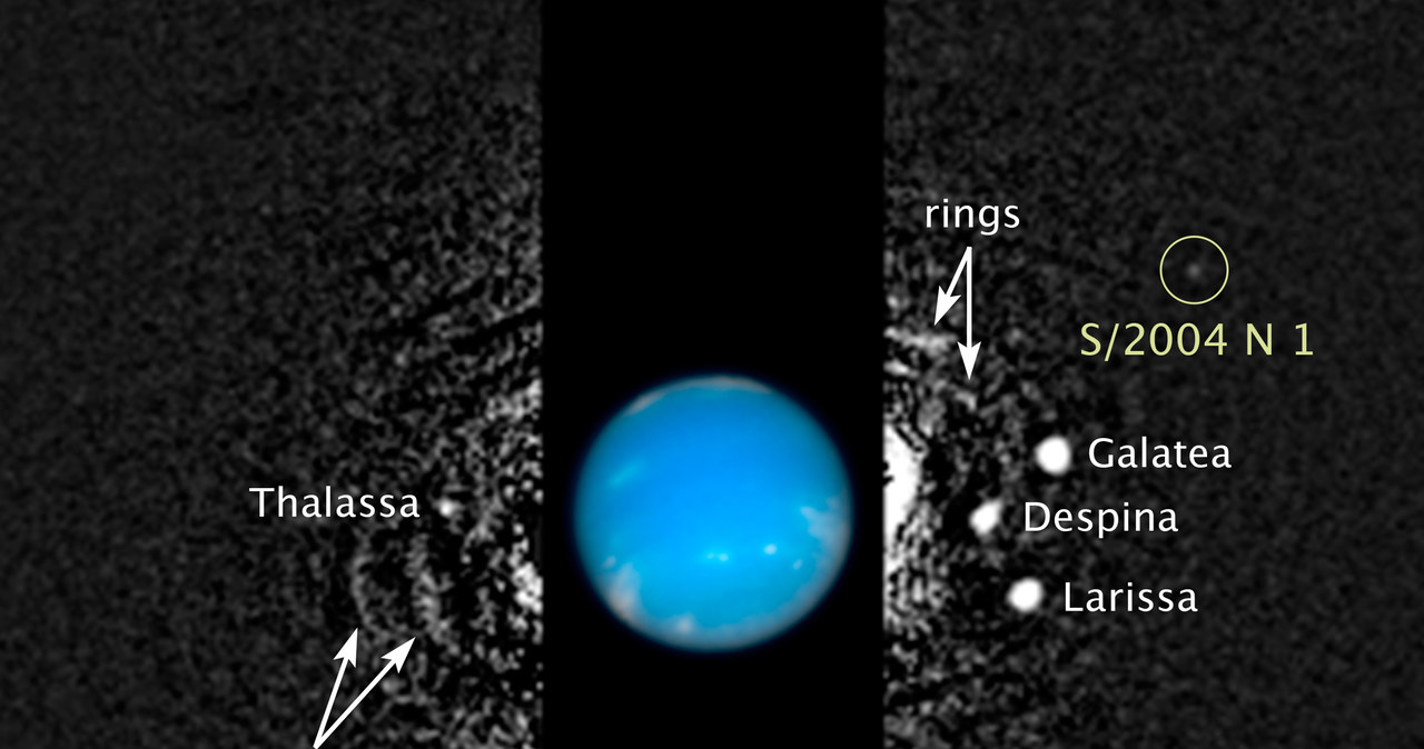 Kompozytowy obraz Neptuna i jego księżyców z zaznaczoną pozycją S/2004 N1 /AFP