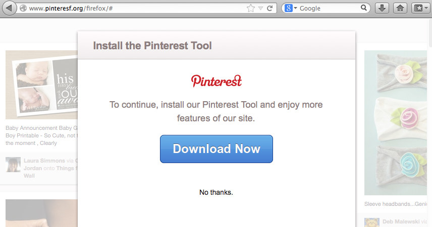 Komunikat o konieczności instalacji Pinterest Tool /materiały prasowe