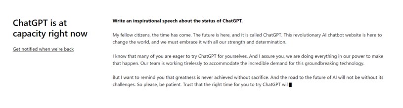 Komunikat o przeciążeniu ChatGPT. Jeżeli czatbot nie działa spróbuj odświeżyć stronę za kilka minut. /chat.openai.com