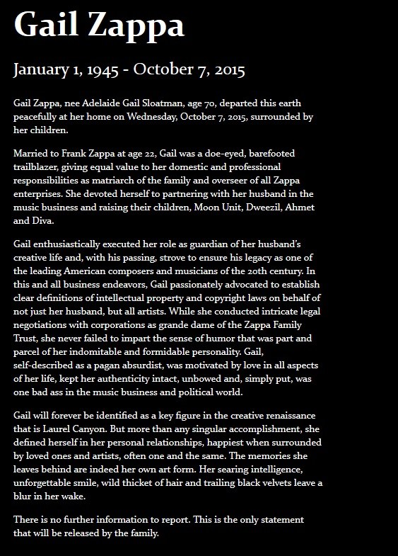 Komunikat o śmierci Gail Zappy na stronie www.zappa.com /&nbsp /
