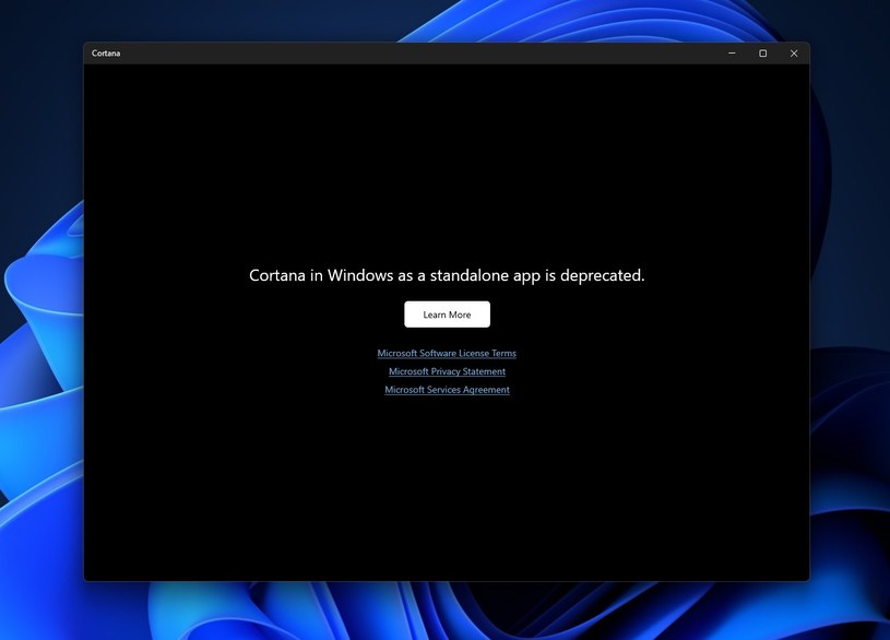 Komunikat o wyłączeniu asystetnki Cortana w Windows 11 /WindowsCentral.com /materiał zewnętrzny