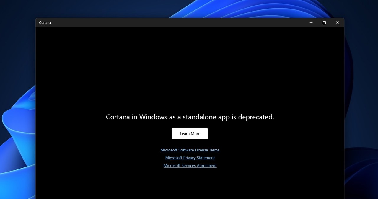 Komunikat o wyłączeniu asystetnki Cortana w Windows 11 /WindowsCentral.com /materiał zewnętrzny