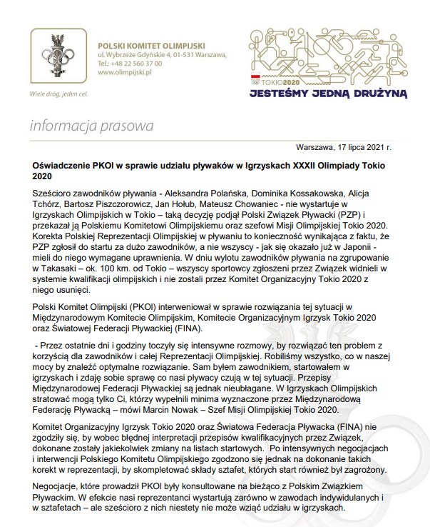 Komunikat PKOl /Materiały prasowe