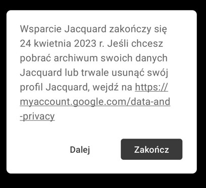 Komunikat wyświetlany po aktualizacji aplikacji /Jacquard™ od Google/print screen /domena publiczna