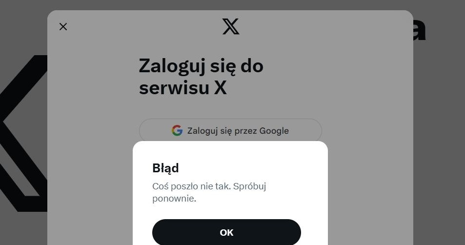 Komunikat z serwisu X pryz próbie logowania we wtorek rano. /