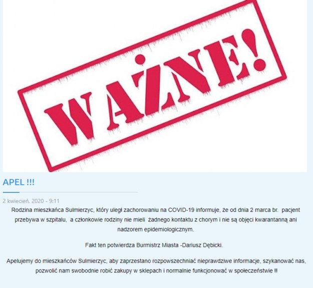 Komunikat zamieszczony na stronie Urzędu Miasta w Sulmierzycach /Zrzut ekranu