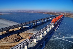 The end is not in sight.  This bridge is 165 km long and is the longest in the world