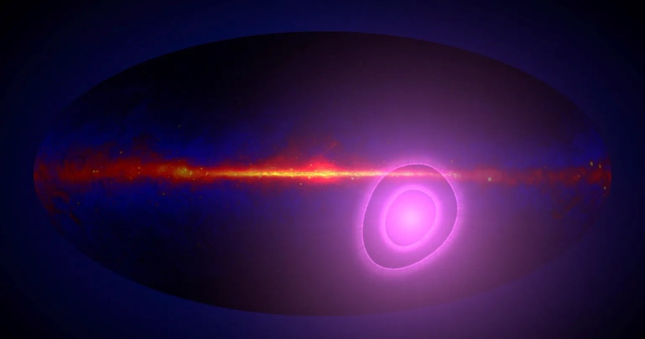 Koncepcja artysty przedstawia całe niebo w promieniach gamma z purpurowymi okręgami ilustrującymi niepewność co do kierunku, z którego wydaje się docierać więcej wysokoenergetycznych promieni gamma niż przeciętnie. /NASA’s Goddard Space Flight Center /domena publiczna