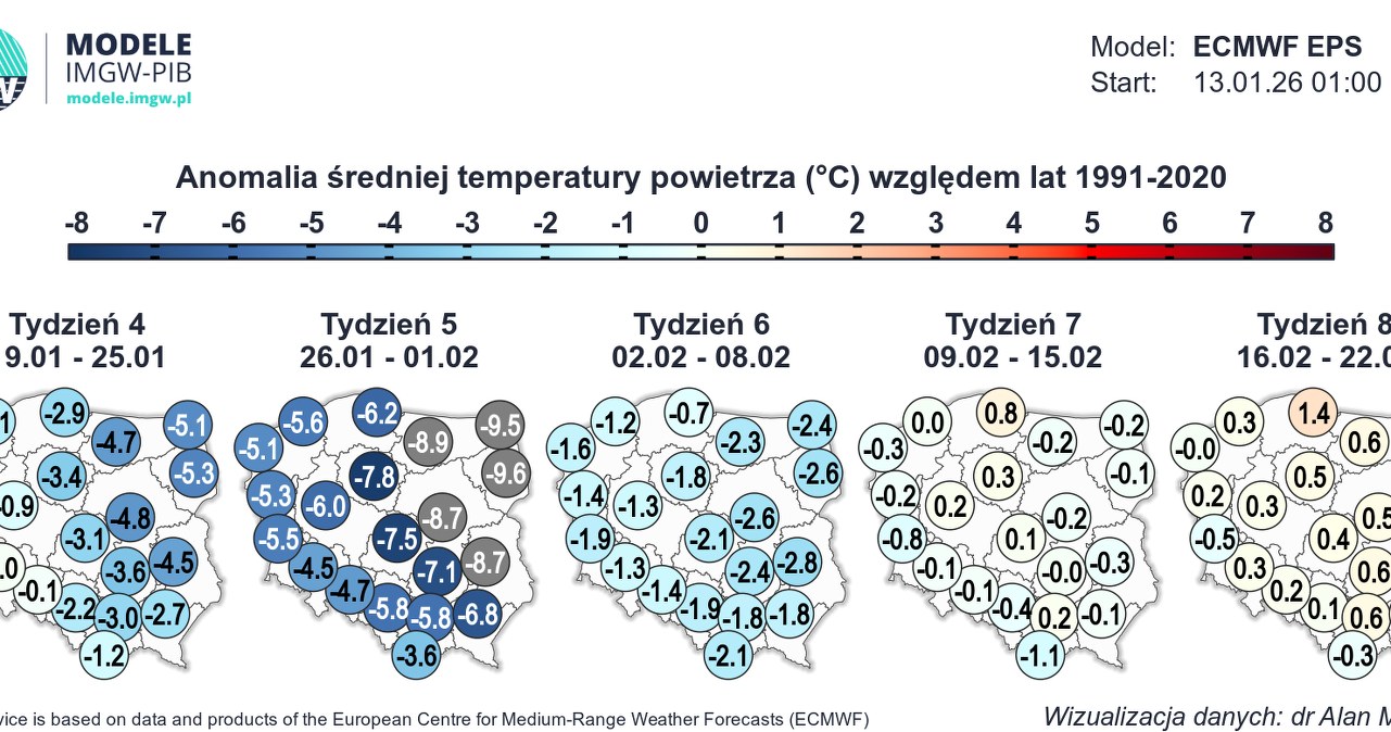 Koniec stycznia i początek lutego będzie zimny, szczególnie we wschodniej połowie kraju. Temperatury zbliżą się do średniej w kolejnych tygodniach lutego /IMGW /