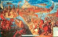 Konkwistadorzy, czyli hiszpańscy żołnierze pod dowództwem Cortésa szturmują w 1521 stolicę Az /Encyklopedia Internautica