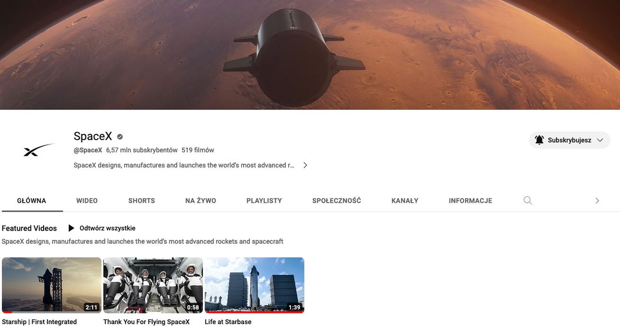Konto SpaceX w serwisie YouTube /Dawid Długosz /INTERIA.PL