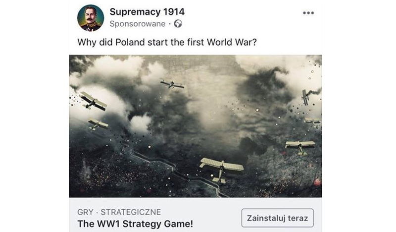 Kontrowersyjna reklama gry Supremacy 1914 pojawiła się na platformie Facebook /materiały źródłowe