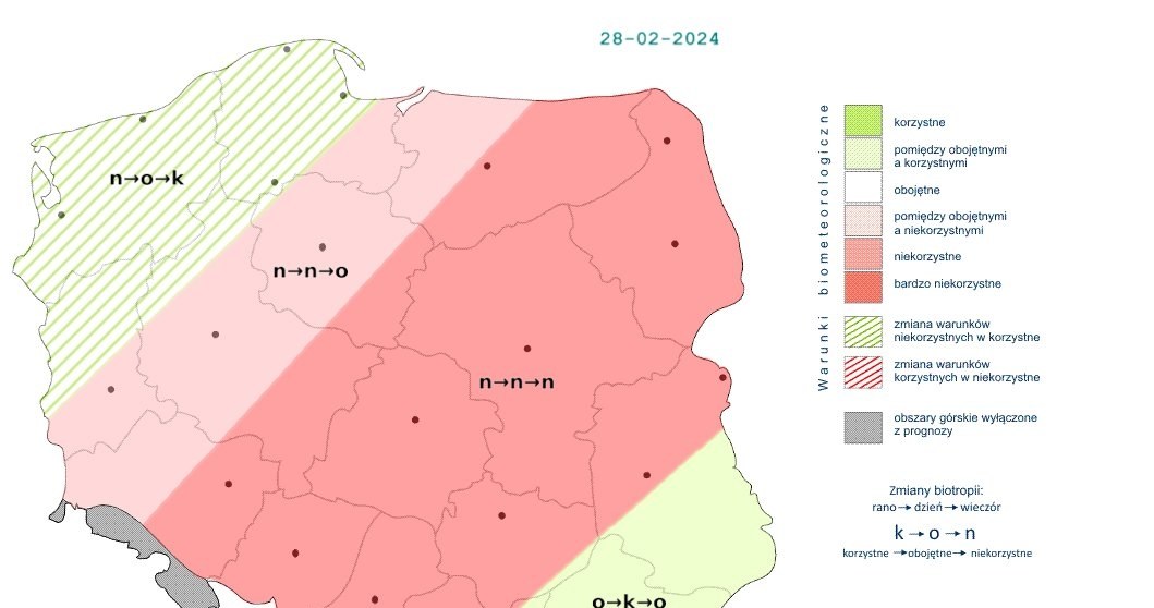 Korzystne lub obojętne warunki wystąpią na północnym zachodzie i południowym wschodzie Polski. W reszcie kraju będzie niekorzystnie przez cały dzień /IMGW /