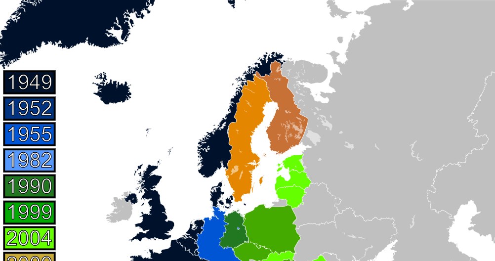 Kraje europejskie w NATO. Do Sojuszu należą też Stany Zjednoczone i Kanada. /Wikimedia