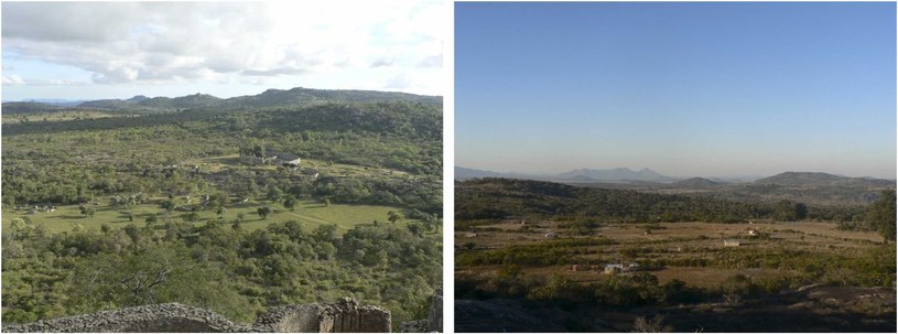 Krajobraz Wielkiego Zimbabwe: widok na główny obszar z kompleksu Hill (po lewej) i widok na obszar Mungwini (po prawej). /I. Pikirayi i in./CC BY 4.0 /materiał zewnętrzny