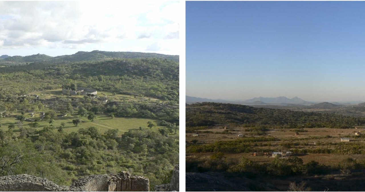 Krajobraz Wielkiego Zimbabwe: widok na główny obszar z kompleksu Hill (po lewej) i widok na obszar Mungwini (po prawej). /I. Pikirayi i in./CC BY 4.0 /materiał zewnętrzny