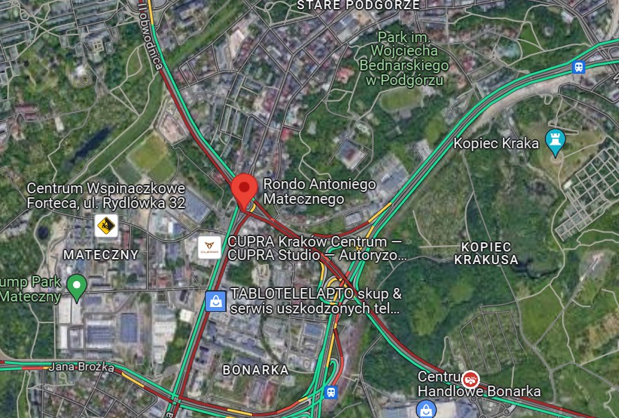 Kraków: korki w okolicach ronda Matecznego ok. godz. 17:00. /Google Maps  /Internet