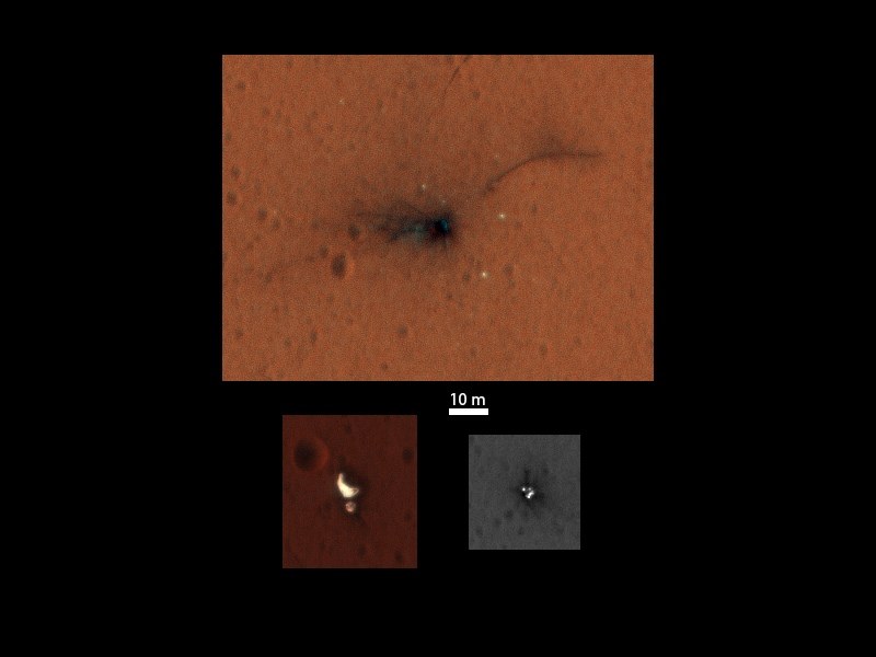 Krater po uderzeniu EDM oraz osłona+spadochron i osłona termiczna lądownika /NASA