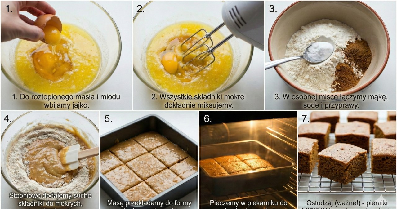 Krok po kroku przygotowanie miękkich pierników – mieszanie masła z miodem i jajkami, łączenie składników suchych, pieczenie oraz studzenie pierników, które miękną po ostygnięciu. /Materiały własne /INTERIA.PL