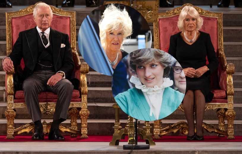 Król Karol III i królowa małżonka Camilla. W tle znów księżna Diana /Dan Kitwood /Getty Images