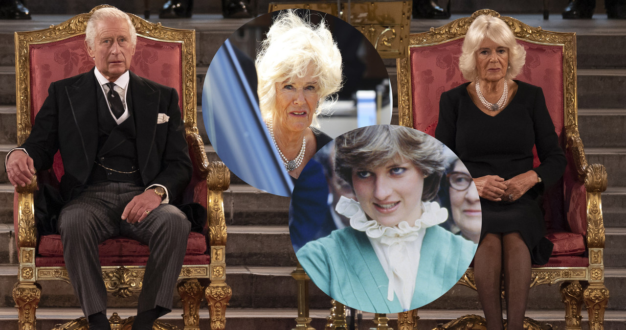 Król Karol III i królowa małżonka Camilla. W tle znów księżna Diana /Dan Kitwood /Getty Images