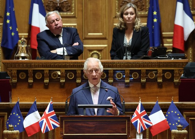Król Karol III podczas przemówienia we francuskim Senacie /EMMANUEL DUNAND /PAP/EPA