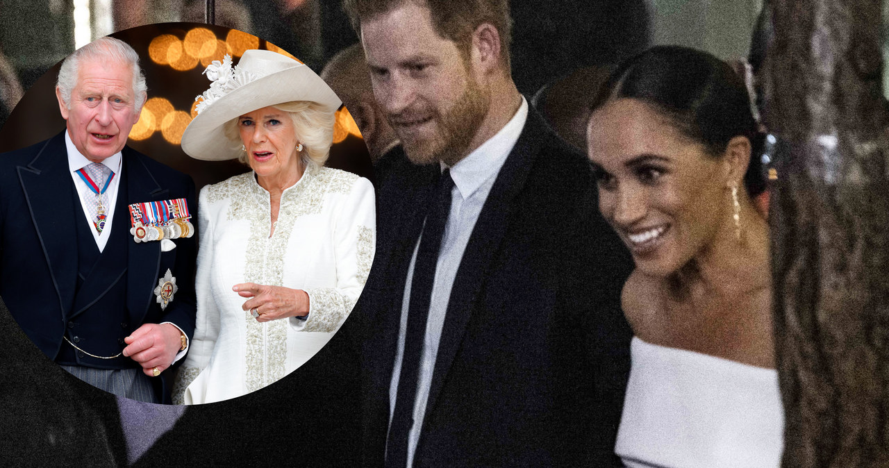 Król Karol III z żoną Camillą i książę Harry z Meghan Markle /Getty Images