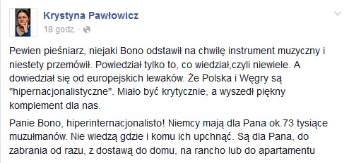 Krystyna Pawłowicz na Facebooku odpowiada Bono /