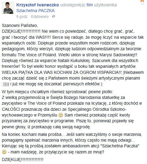 Krzysztof Iwaneczko na swoim Facebooku po zwycięstwie /