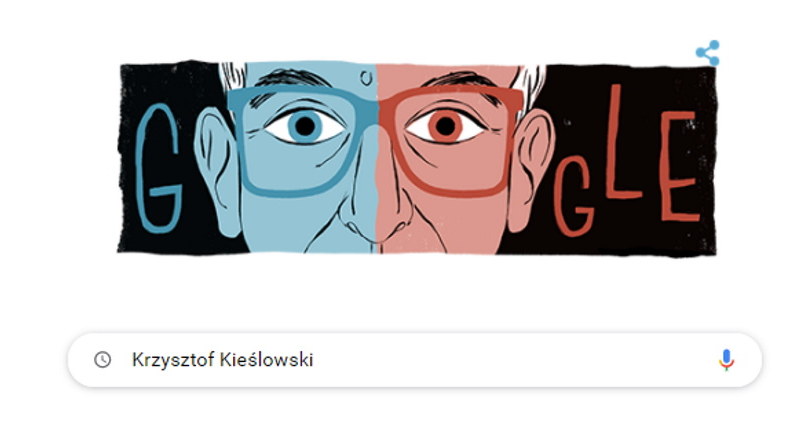 Krzysztof Kieślowski w Google Doodle. Wybitny polski reżyser i scenarzysta zmarł 14 marca 1996 roku. Gdyby żył, 27 czerwca 2021 roku miałby 80 lat. Fot. Google/Interia /materiały prasowe