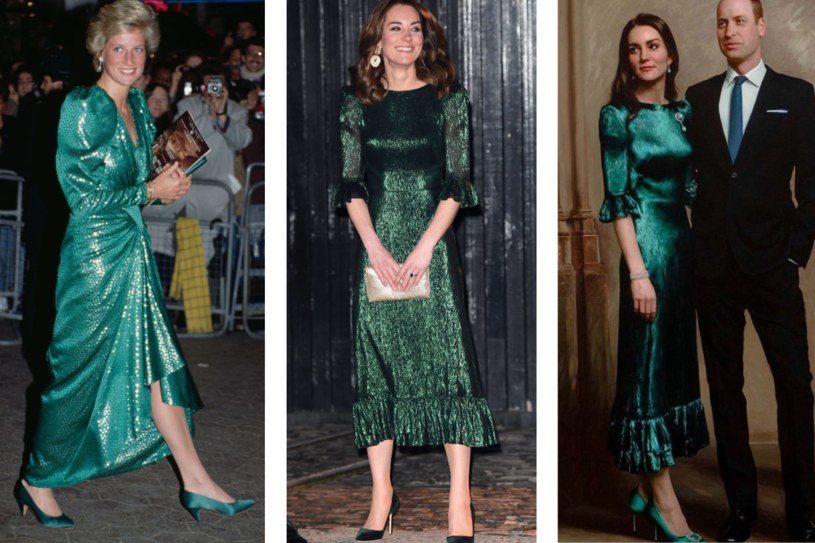 Księżna Diana w 1990 r. (Getty Images), księżna Kate w Dublinie w 2020 r. (Getty Images) oraz stylizacja Kate na portrecie (entertainmenttonight/Instagram) /Getty Images