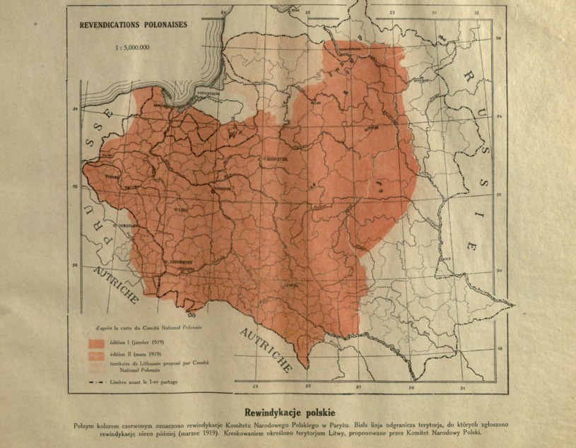 Kształt odrodzonej Polski zaproponowany przez polską delegację na konferencji w Paryżu, opublikowany w Polskim atlasie kongresowym z 1921. Na mapie zaznaczono cienką białą linią różnice między wersją ze stycznia i marca 1919. Wyszczególniono także propozycje granic Litwy z Polską i podziały z nią terenów Prus Wschodnich /Podkarpacka Biblioteka Cyfrowa /materiał zewnętrzny
