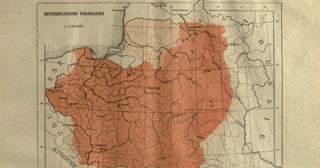 Kształt odrodzonej Polski zaproponowany przez polską delegację na konferencji w Paryżu, opublikowany w Polskim atlasie kongresowym z 1921. Na mapie zaznaczono cienką białą linią różnice między wersją ze stycznia i marca 1919. Wyszczególniono także propozycje granic Litwy z Polską i podziały z nią terenów Prus Wschodnich /Podkarpacka Biblioteka Cyfrowa /materiał zewnętrzny