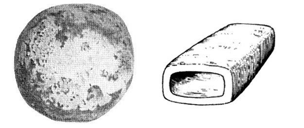 Kula odkopana w okolicy Laon we Francji oraz szkic rury odnalezionej w kamieniołomie w Saint-Jean de Livet. /materiały prasowe