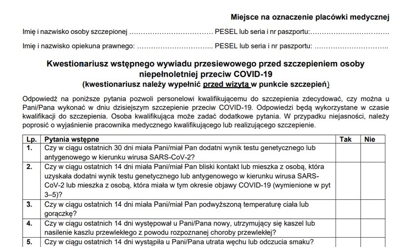 Kwestionariusz wstępnego wywiadu przesiewowego przed szczepieniem osoby niepełnoletniej przeciw COVID-19 /Screen ze strony gov.pl/SzczepimySie /INTERIA.PL