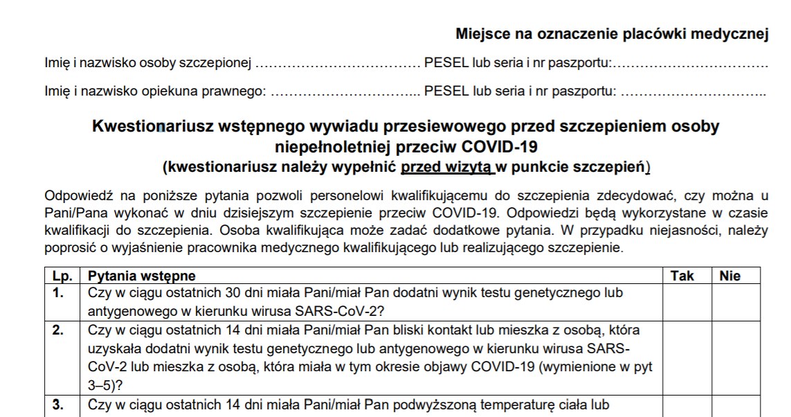 Kwestionariusz wstępnego wywiadu przesiewowego przed szczepieniem osoby niepełnoletniej przeciw COVID-19 /Screen ze strony gov.pl/SzczepimySie /INTERIA.PL