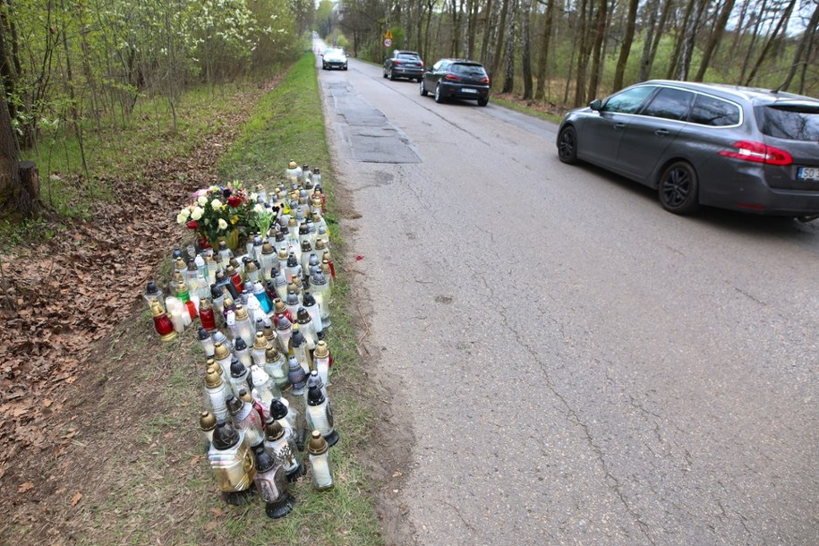Kwiaty i znicze pozostawione w miejscu tragicznego wypadku posła Lewicy Łukasza Litewki przy ul. Kazimierzowskiej w Dąbrowie Górniczej. /Art Service /PAP