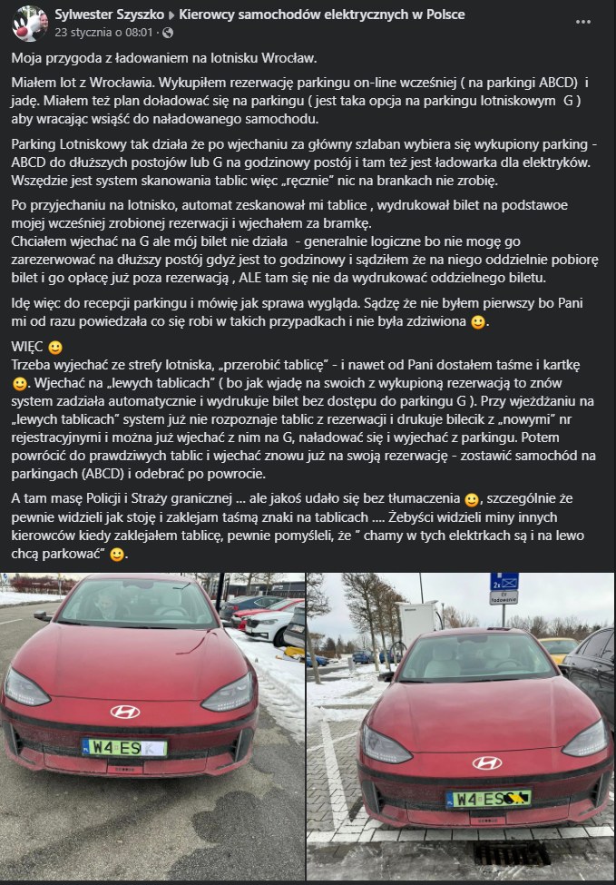 Ładowanie auta elektrycznego na lotnisku we Wrocławiu wymaga sprytu/Facebok Kierowcy samochodów elektrycznych w Polsce /