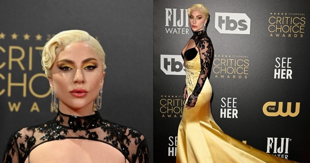 Lady Gaga w złotej sukni od Gucciego eksponuje naturalny biust na gali Critics Choice Awards w Londynie /Kate Green /Getty Images