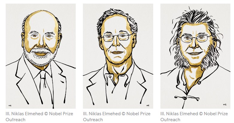 Laureaci ekonomicznego Nobla w 2022 roku na rysunkach Niklasa Elmeheda z Komitetu Noblowskiego /Informacja prasowa