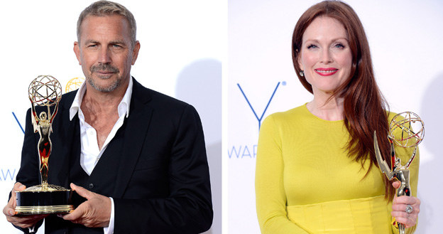 Laureaci statuetek Emmy w kategoriach najlepsza aktorka i aktor w miniserialu lub filmie telewizyjnym - Kevin Costner i Julianne Moore /Kevork Djansezian /Getty Images